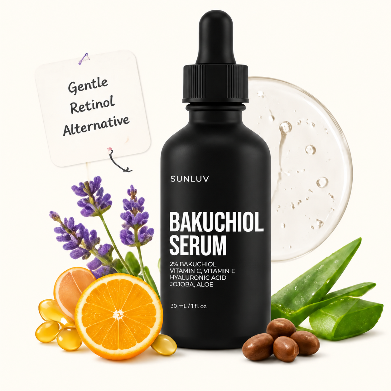 SUNLUV Bakuchiol Serum bottle with lavender, citrus, aloe, jojoba, and a gentle retinol alternative note card