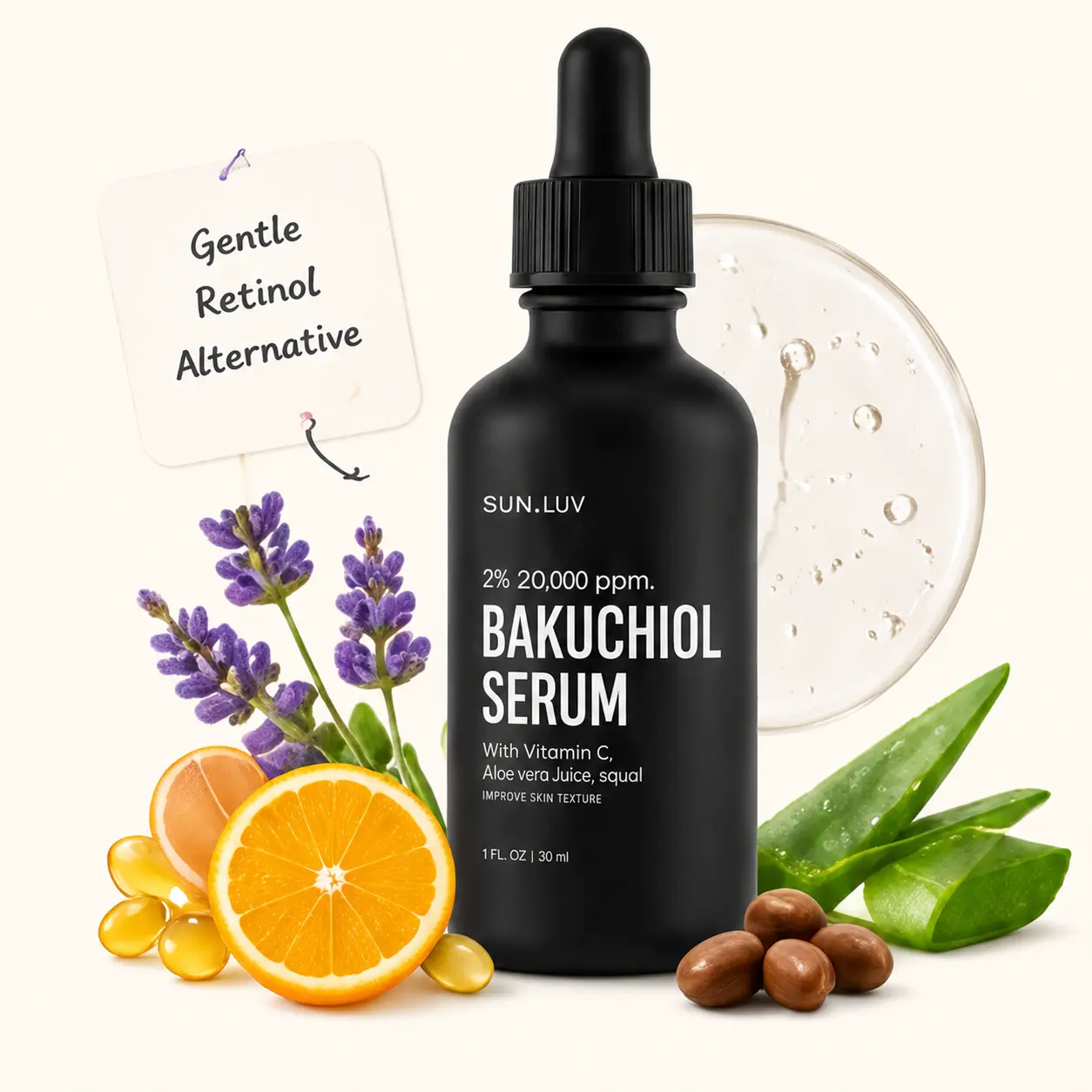 SUNLUV Bakuchiol Serum bottle with lavender, citrus, aloe, jojoba, and a gentle retinol alternative note card